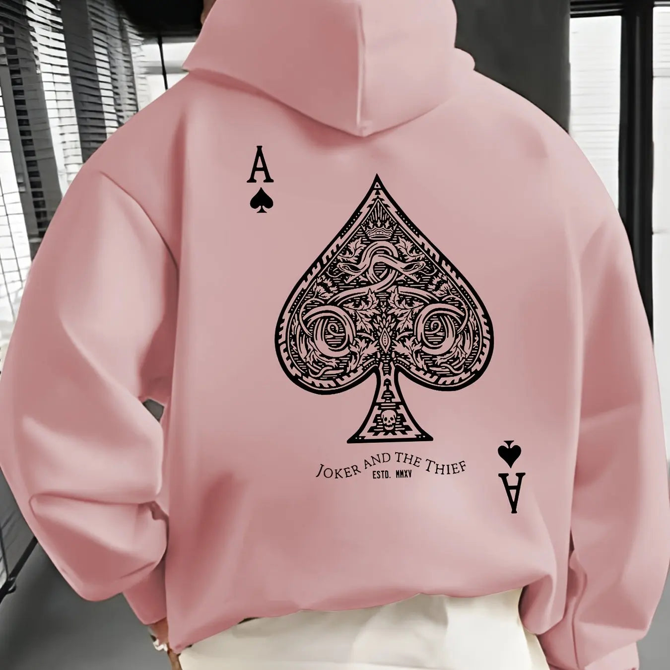 Men's autumn and winter casual fashion loose back poker card A graphic printed long sleeved hooded sweatshirt warm pullover