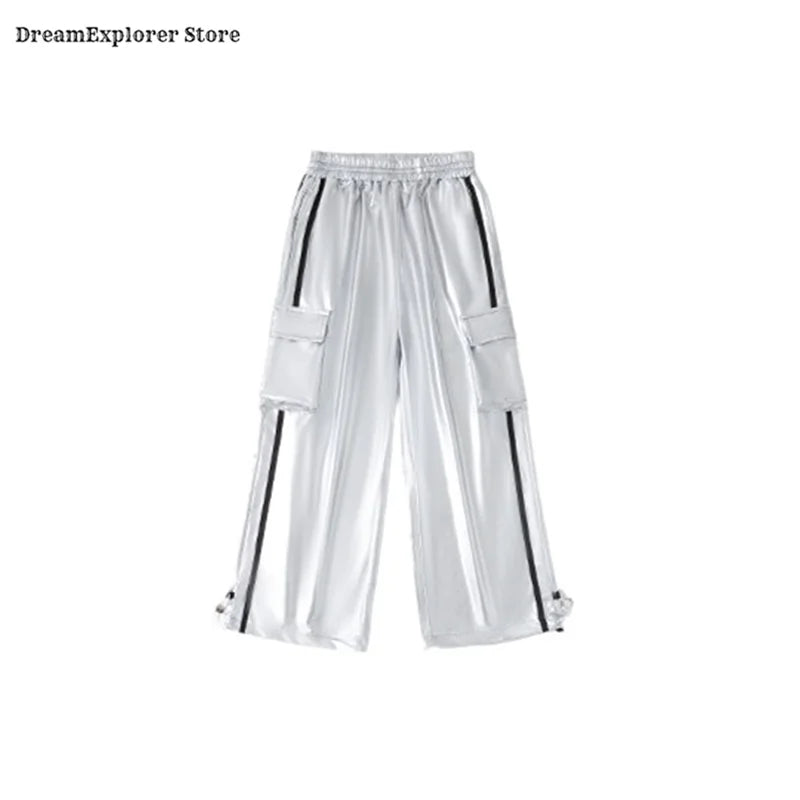 Girls Hip Hop Shiny Crop Top Silver Cargo Pants Kids K-pop Jazz Stree Dance Clothes Sets Children Streetwear Girl Group Costume