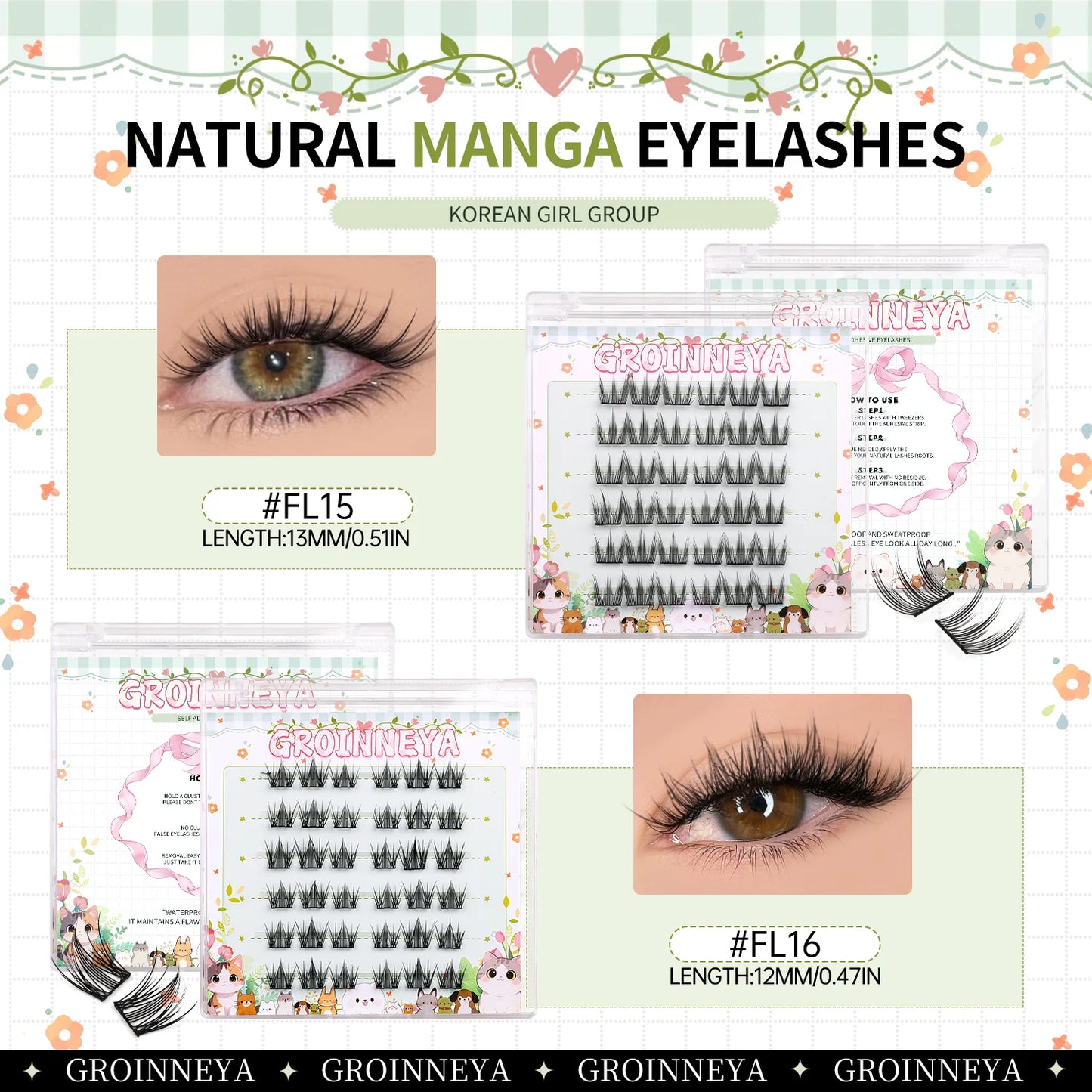 GROINNEYA Manga Cluster Lashes DIY Eyelash Extension Natural Individual Lashes Natural Curl Lash Clusters Makeup At Home
