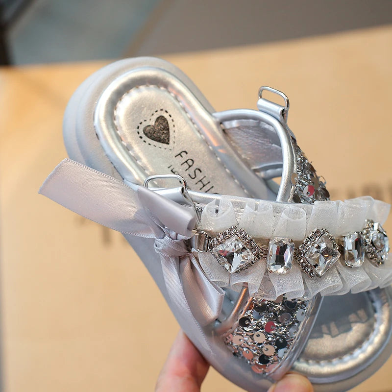 Kids'Casual Shoes Fashion Sandals PU Leather Crystal Sequin Summer Shoes For Girls Breathable Silver Shoes Size 26-37