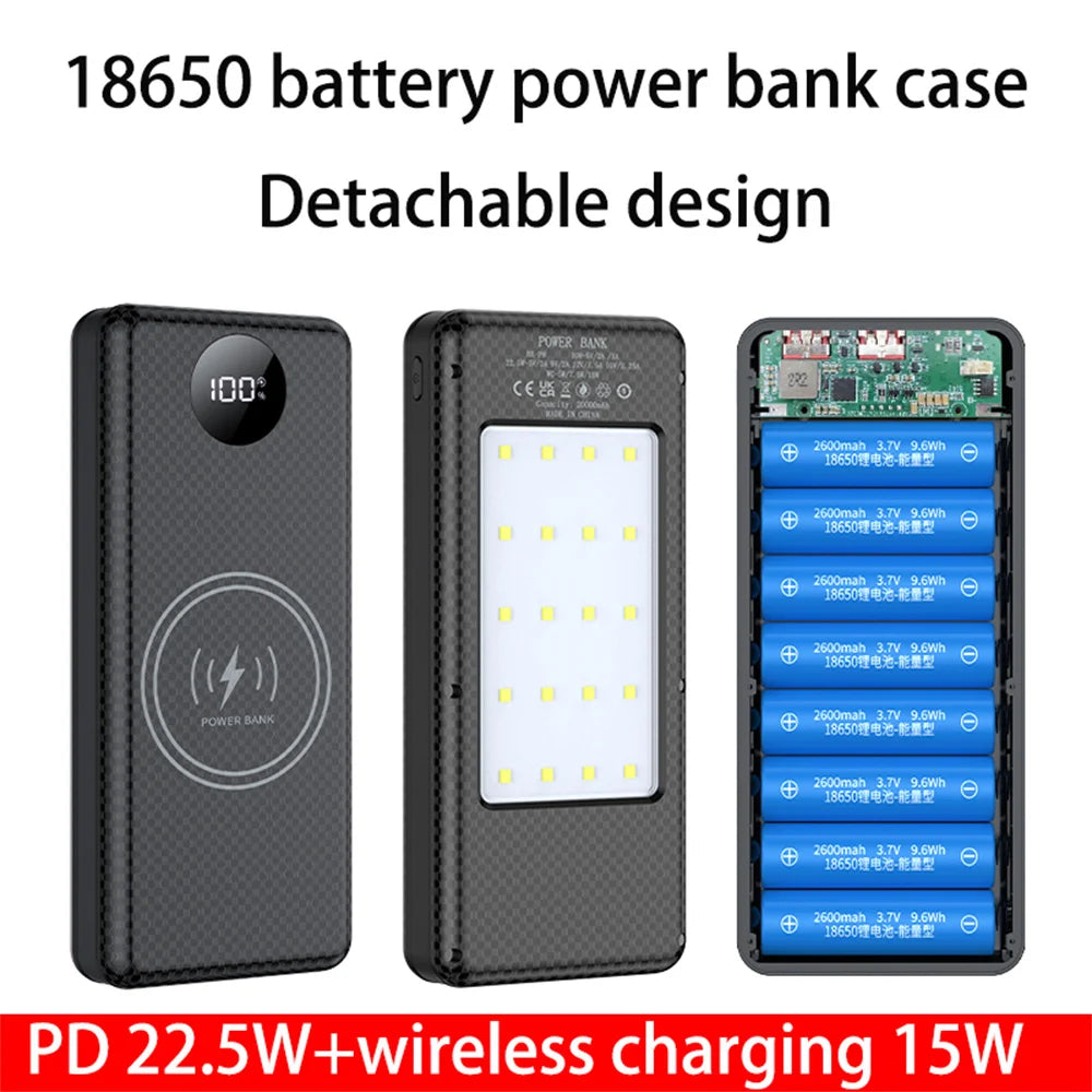 P8 8pcs 18650 battery power bank case shell DIY  PD 22.5W 10W support 15w wireless charging Dual USB type c Outdoor lighting