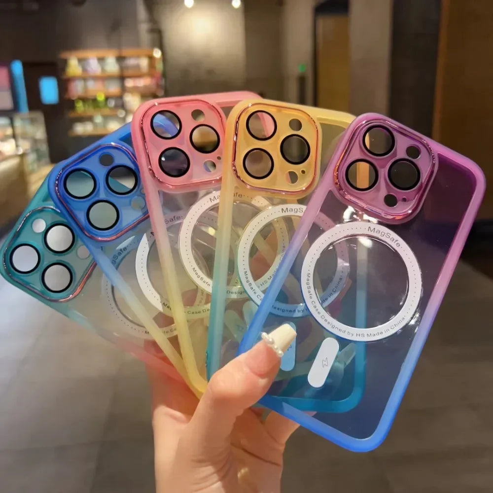 For MagSafe Magnetic Rainbow Phone Case for IPhone 16 15 14 Plus 13 12 11 Pro Max Transparent Cover Discolour Gradient Color