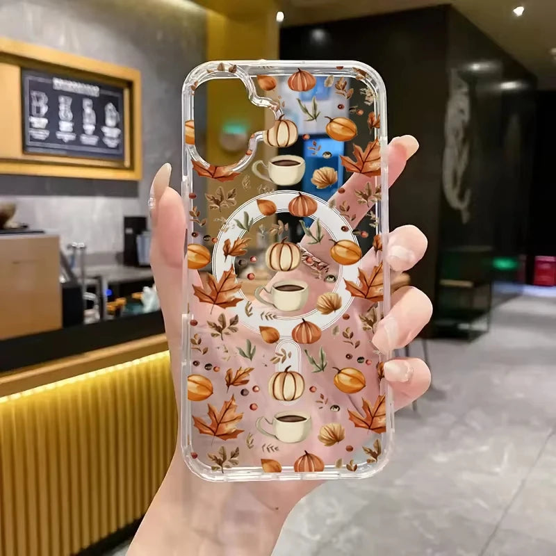 Pumpkin Autumn Leaves Magsafe Magnetic Phone Case For iPhone 17 Air 16e 16 Pro Max 15 14 Plus 13 12 Mini Transparent Back Cover