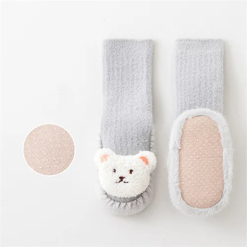 Autumn Winter Infant Leather Sole Shoes Mink Velvet Thicken Warm Newborn Baby Walking Socks Shoe Cartoon Bear Kids Floor Socken