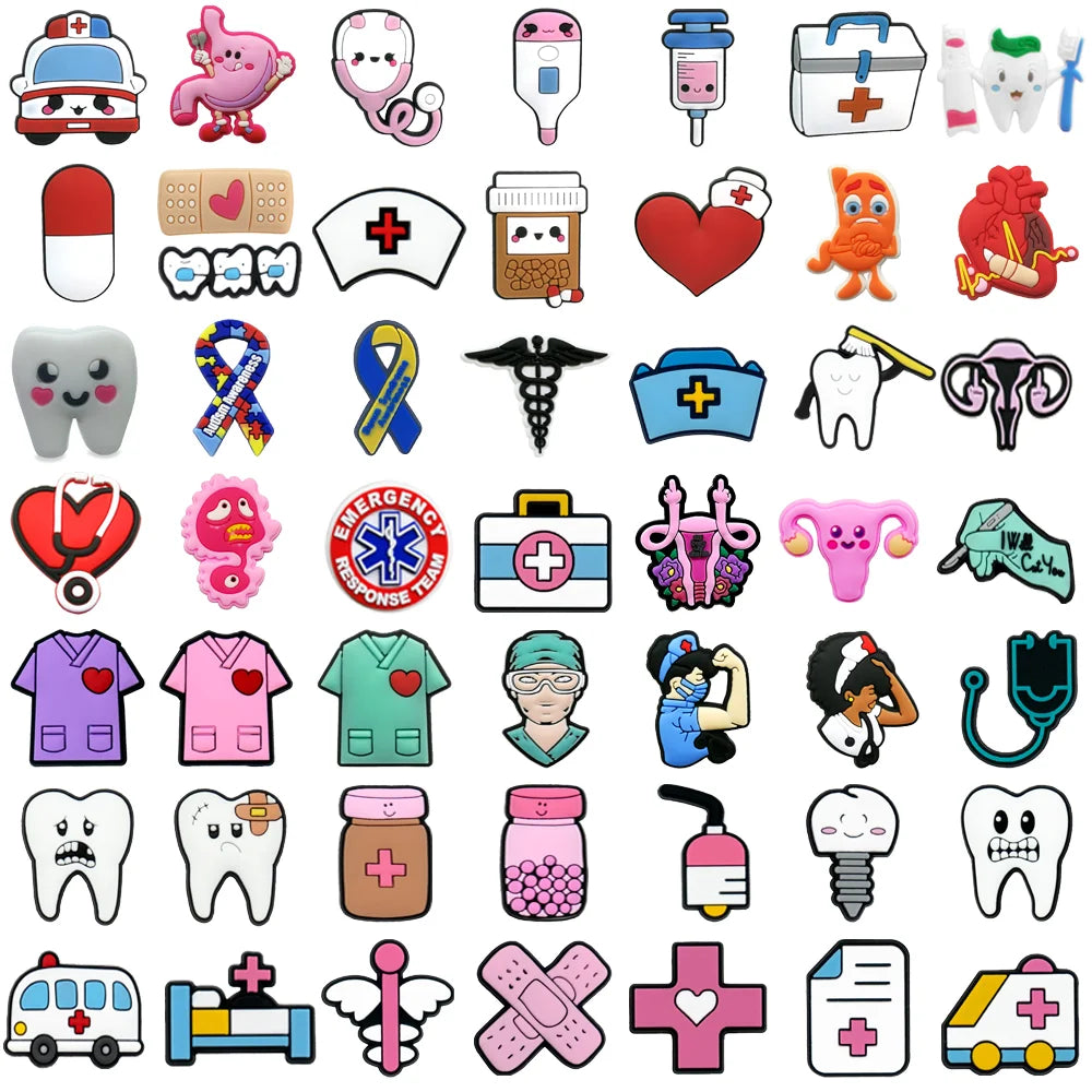 1/50PCS Cute Medical Style Shoe Charms,Heart Nurse Pill Pin Accessories for Sandals,Stethoscope Dental Shoes Clogs Buckle