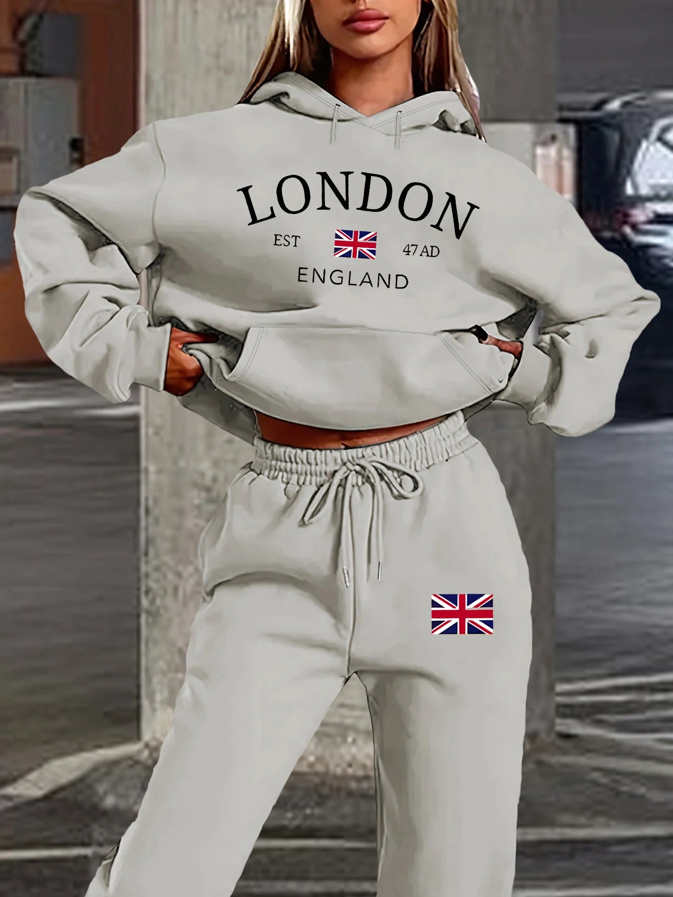 Women's autumn and winter fashion casual London England pattern print with thick fleece warm hooded sweatshirt+sports pants set
