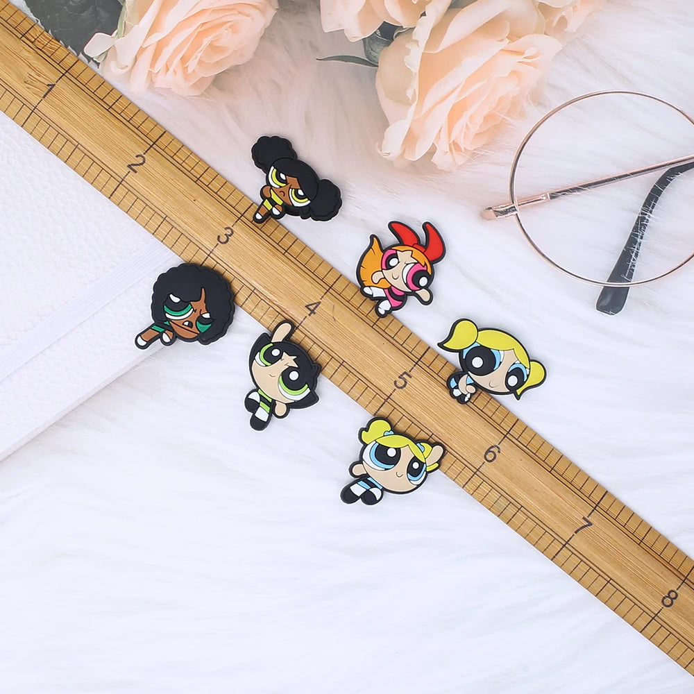 1-9pcs Power Girl Cartoon PVC Shoe Charms DIY Sandals Shoe Buckles Pins Series Shoe Decoration Accessories Friends Gifts