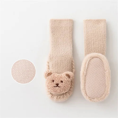 Autumn Winter Infant Leather Sole Shoes Mink Velvet Thicken Warm Newborn Baby Walking Socks Shoe Cartoon Bear Kids Floor Socken