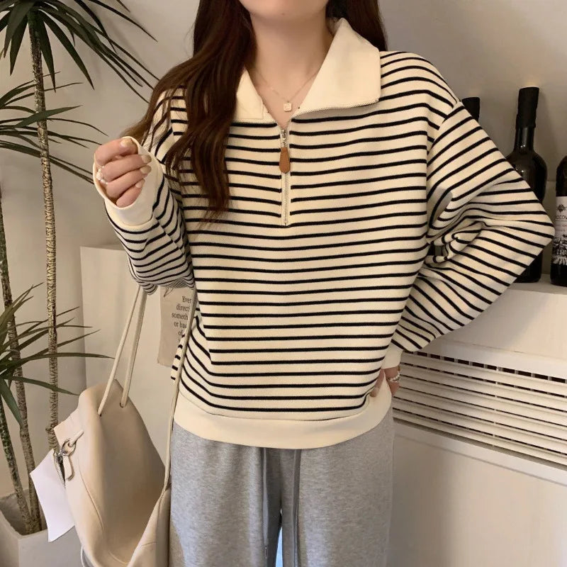 Women Striped Half Zip Sweatshirt Long Sleeve Collared Pullover Casual Fit  Fashion Oversized Streetwear Tops 2026 Tendencias