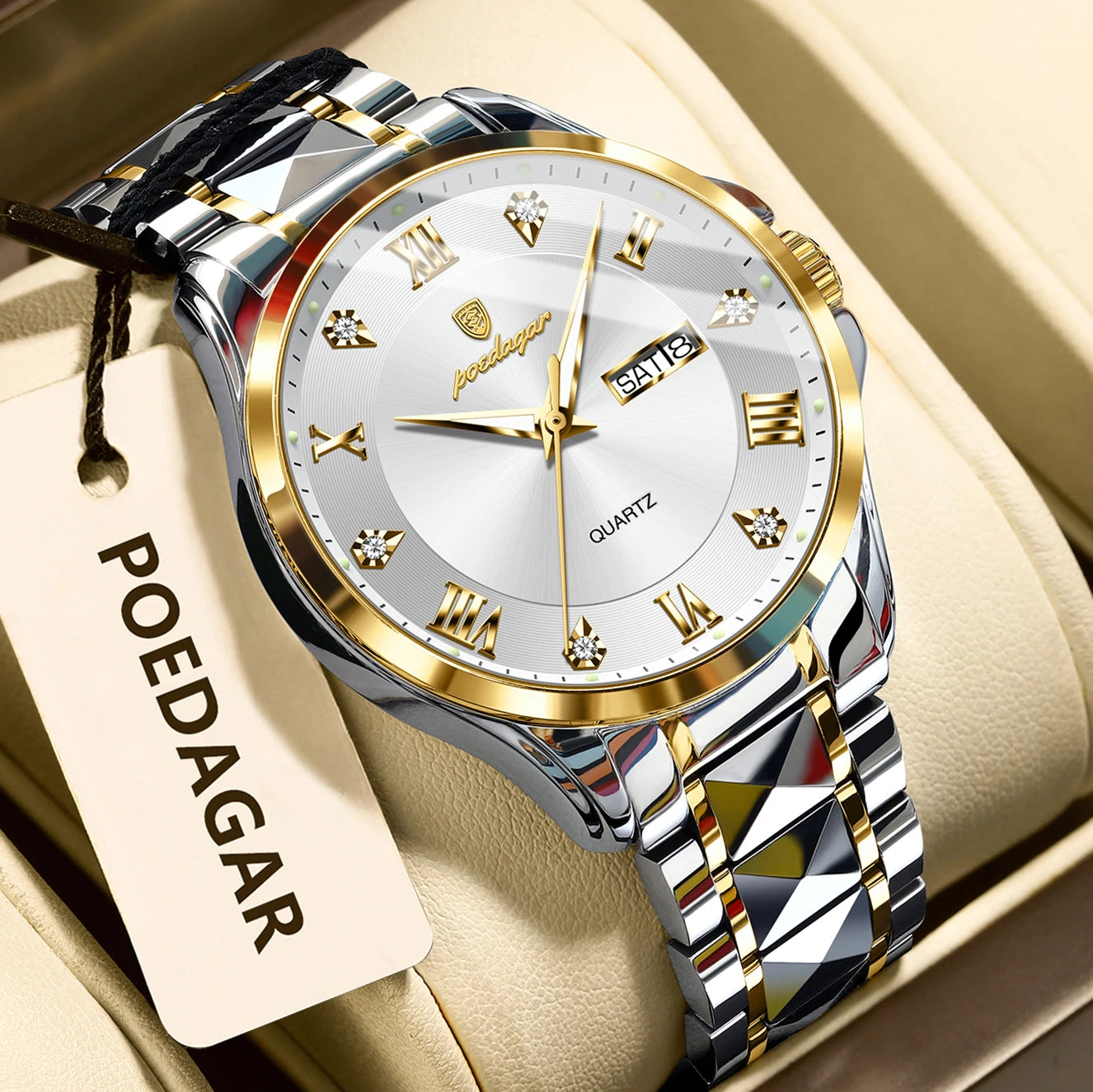 POEDAGAR Luxury Man Wristwatch Waterproof Luminous Date Week Men Clock Stainless Steel Business Men's Watches Quartz Male Reloj
