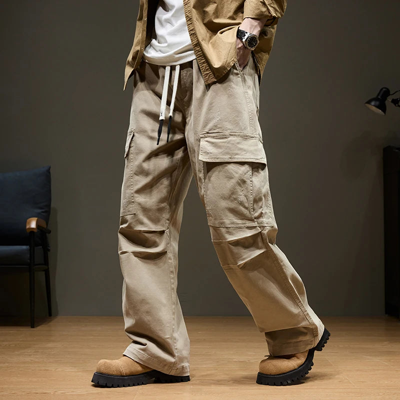 Baggy Wide-leg Cargo Pants Men's 100% Cotton Multi-pocket Splicing Outdoor Loose Straight Autumn Trousers Fashion Streetwear