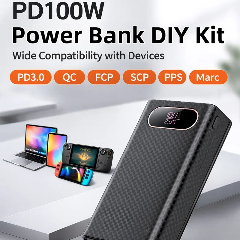 6×21700 DIY Power Bank Case - 100W PD Fast Charging, Tool-Free Removable Shell for Laptop & Multi-Device
