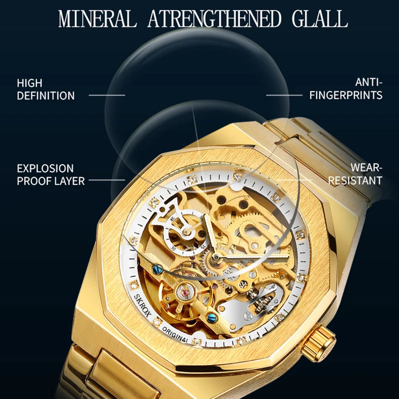 2024SKROX Luxury Gold Diamond Octagonal Automatic Clock Man Watch Elegant Stainless Steel Skeleton Mechanical Male Wrist Watches