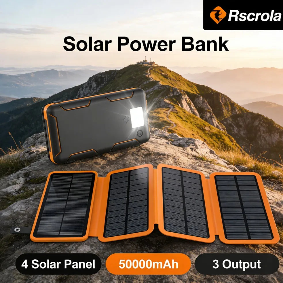 Long-life Solar Power Bank Portable Solar Power Supply Long-lasting Low Self-discharge Compatible with IOS Android USB-A & USB-C