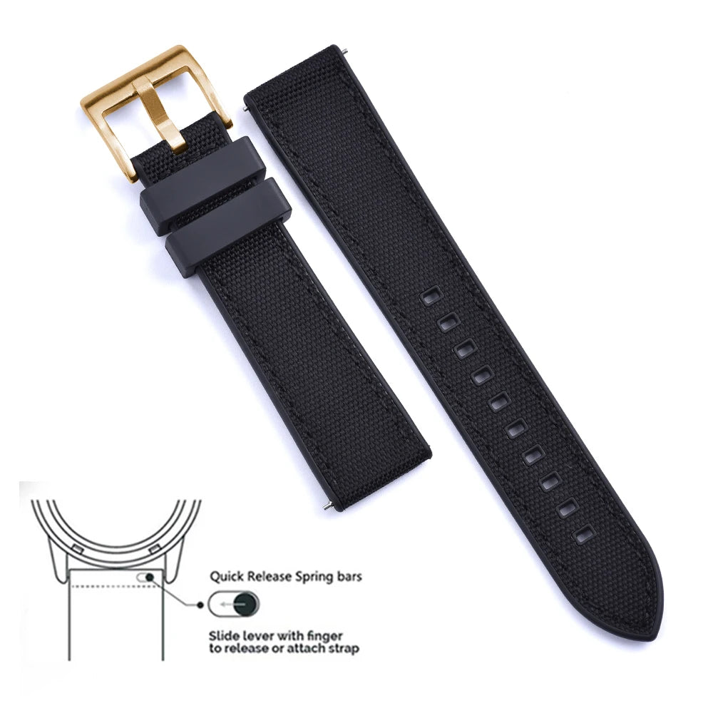 High Quality FKM Canvas Watch Strap 20mm 22mm Hybrid Fluoro Rubber Nylon Watchbands Quick Release For Each Brand Diving Watches