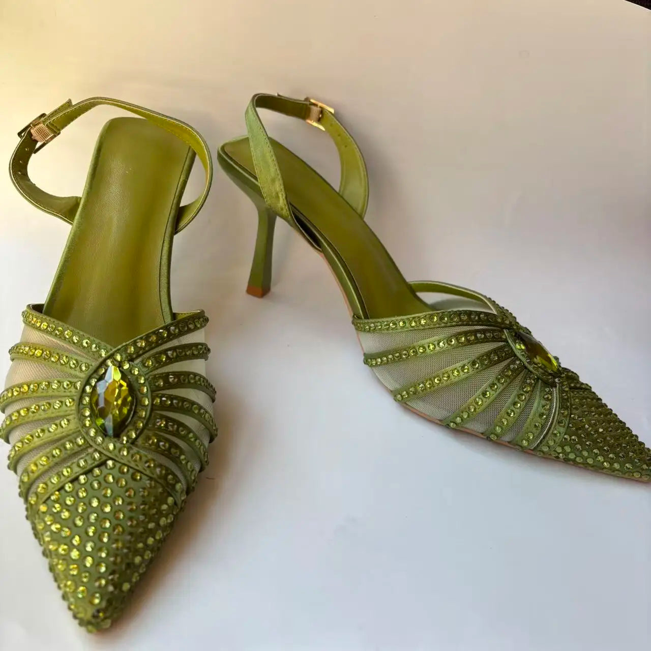INSIGHTLINK Women Olive Green Pointed-Toe Sandals Women's High Heels Shoes and Bags for Party Rhinestone Evening Bags And Shoes