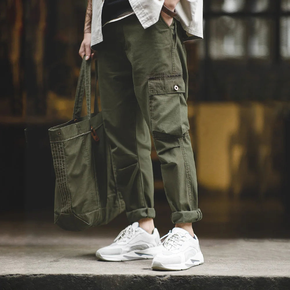 Maden 2023 Autumn Rhombus Cargo Pants Men's  Green Patch Pocket Trousers Uncle Fu 100% Cotton Casual Tactical Pants