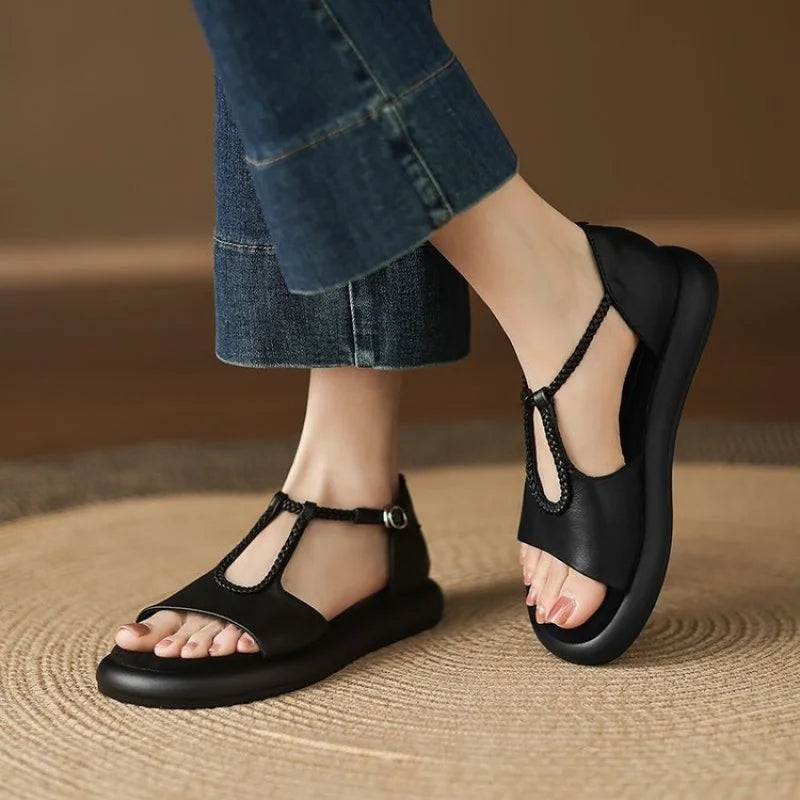Women's Walking Sneakers,Breathable Lightweight T-Strap Flat Sandals, Comfortable Soft Leather Shoes for Square Dance&Daily Wear