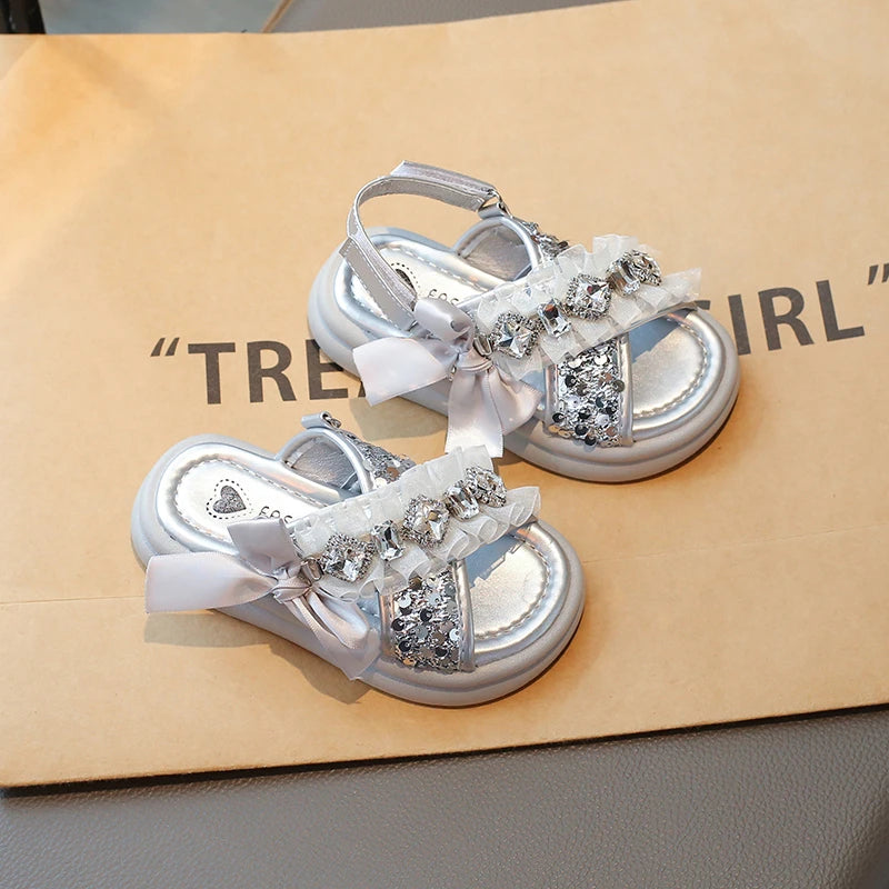 Kids'Casual Shoes Fashion Sandals PU Leather Crystal Sequin Summer Shoes For Girls Breathable Silver Shoes Size 26-37