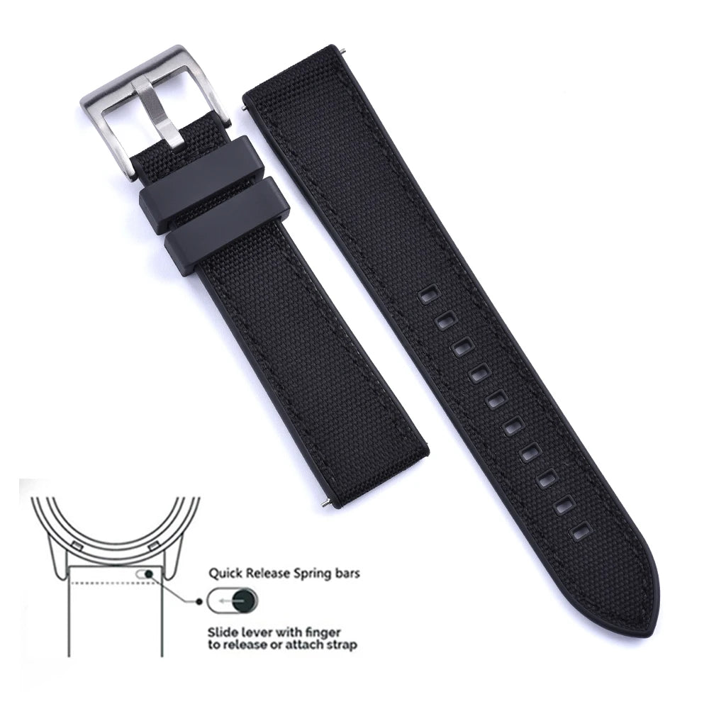 High Quality FKM Canvas Watch Strap 20mm 22mm Hybrid Fluoro Rubber Nylon Watchbands Quick Release For Each Brand Diving Watches