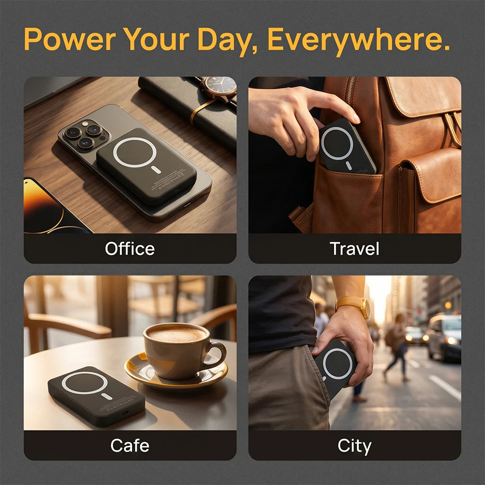 Compact and Portable Wireless Magnetic Power Bank with A 5000mAh Capacity. Small and Portable, Compatible with IPhone 15/14/13/12/Pro/Pro.