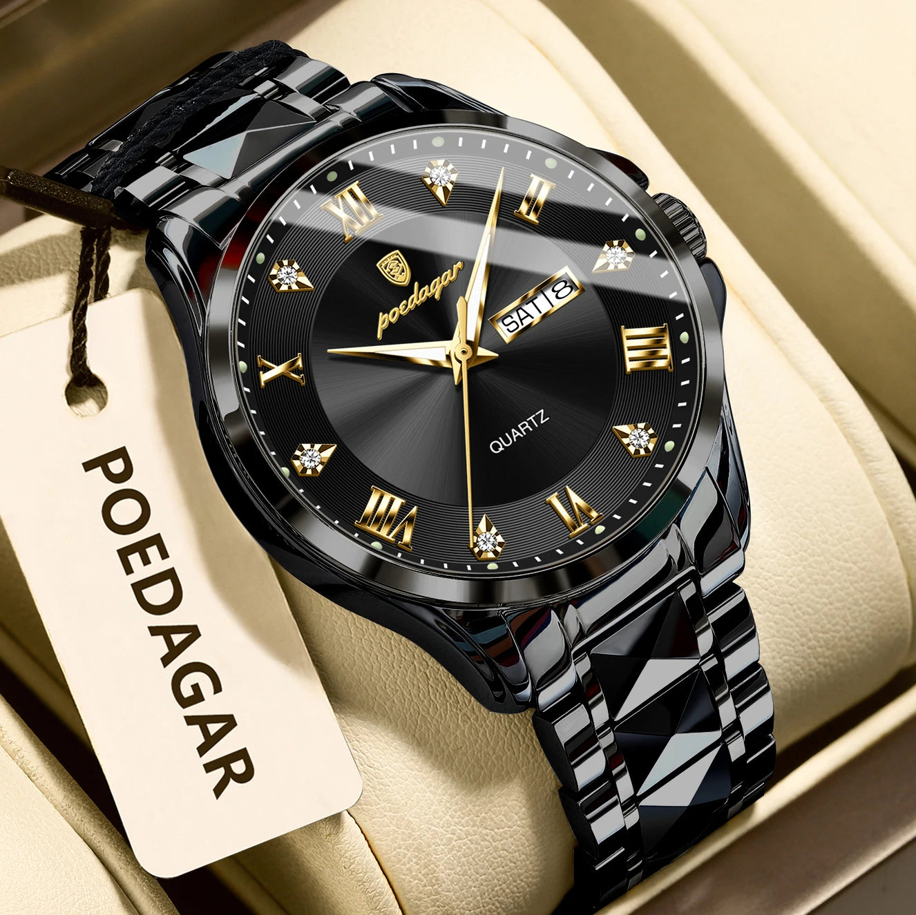 POEDAGAR Luxury Man Wristwatch Waterproof Luminous Date Week Men Clock Stainless Steel Business Men's Watches Quartz Male Reloj