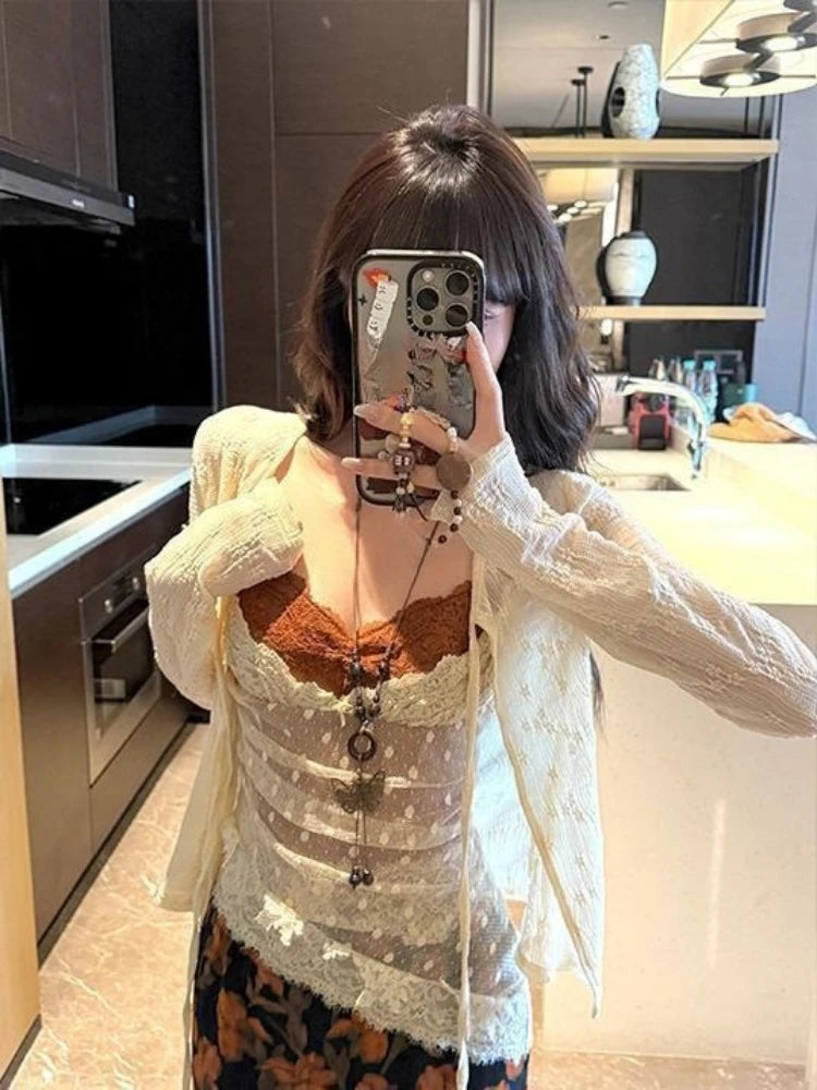 Sweet 3 Piece Sets Women Sun Protection Lace Bandage Cardigan + Patchwork Slim Fit Vest + Vintage Flower Skirts Y2k Outfits