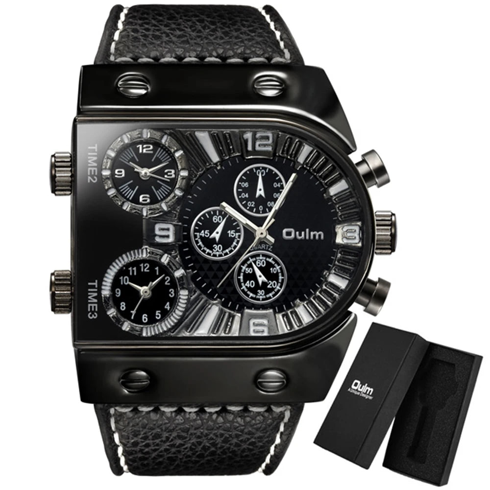 Men's Watches Mens Quartz Casual Leather Strap Wristwatch Sports Man Multi-Time Zone Military Male Watch Clock Relogios