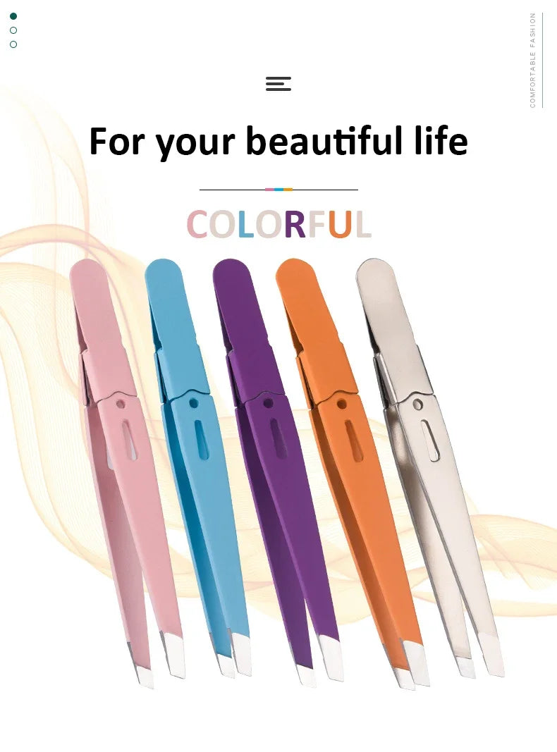 Colorful Slanted Eyebrow Tweezers Premium Stainless Steel for Fine Hair Pulling, Professional Beauty & Makeup Removal Tools