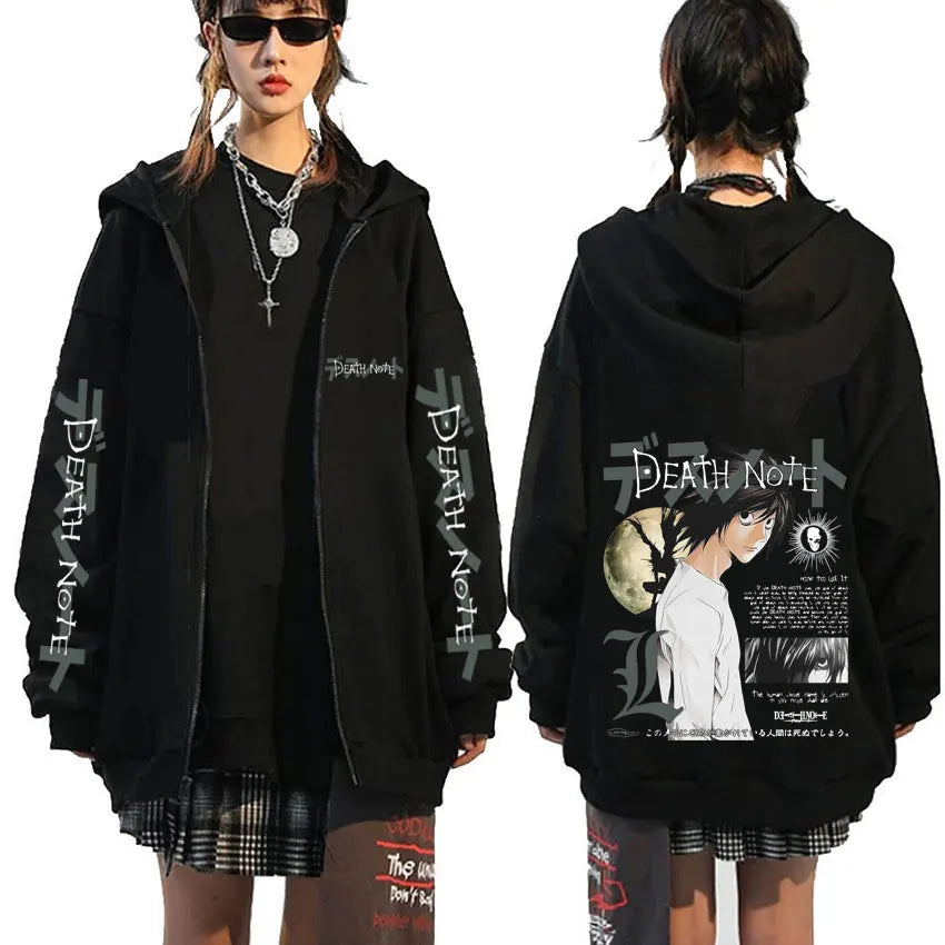 Anime Death Note L Lawliet Graphic Zipper Hoodie Men Women Casual Oversized Cotton Zip Up Jacket Male Vintage Zip Up Sweatshirt