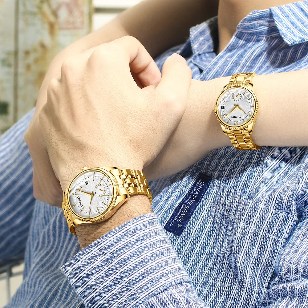 CHENXI Fashion Couple Golden Watches Casual Men and Women Quartz Watch Stainless Steel Luminous Calendar Waterproof Wristwatch
