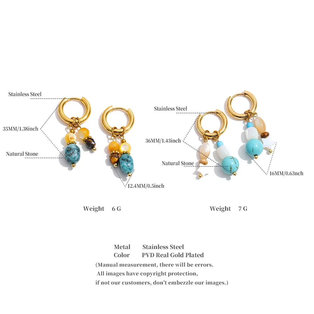 Yhpup Stainless Steel Natural Stone Oval Star Drop Charm Earrings for Women French Handmade Fashion Aesthetic Jewelry Gift