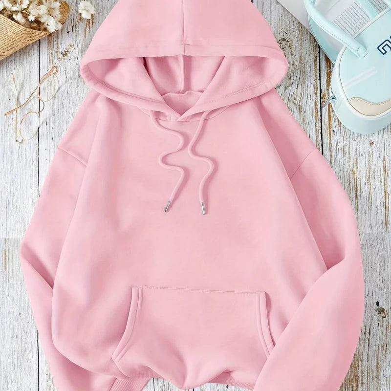 Casual Street Sweatshirt, Women's Solid Color Pullover Hoodie, Sport Style, Adjustable Drawstring Hood and Kangaroo Pocket