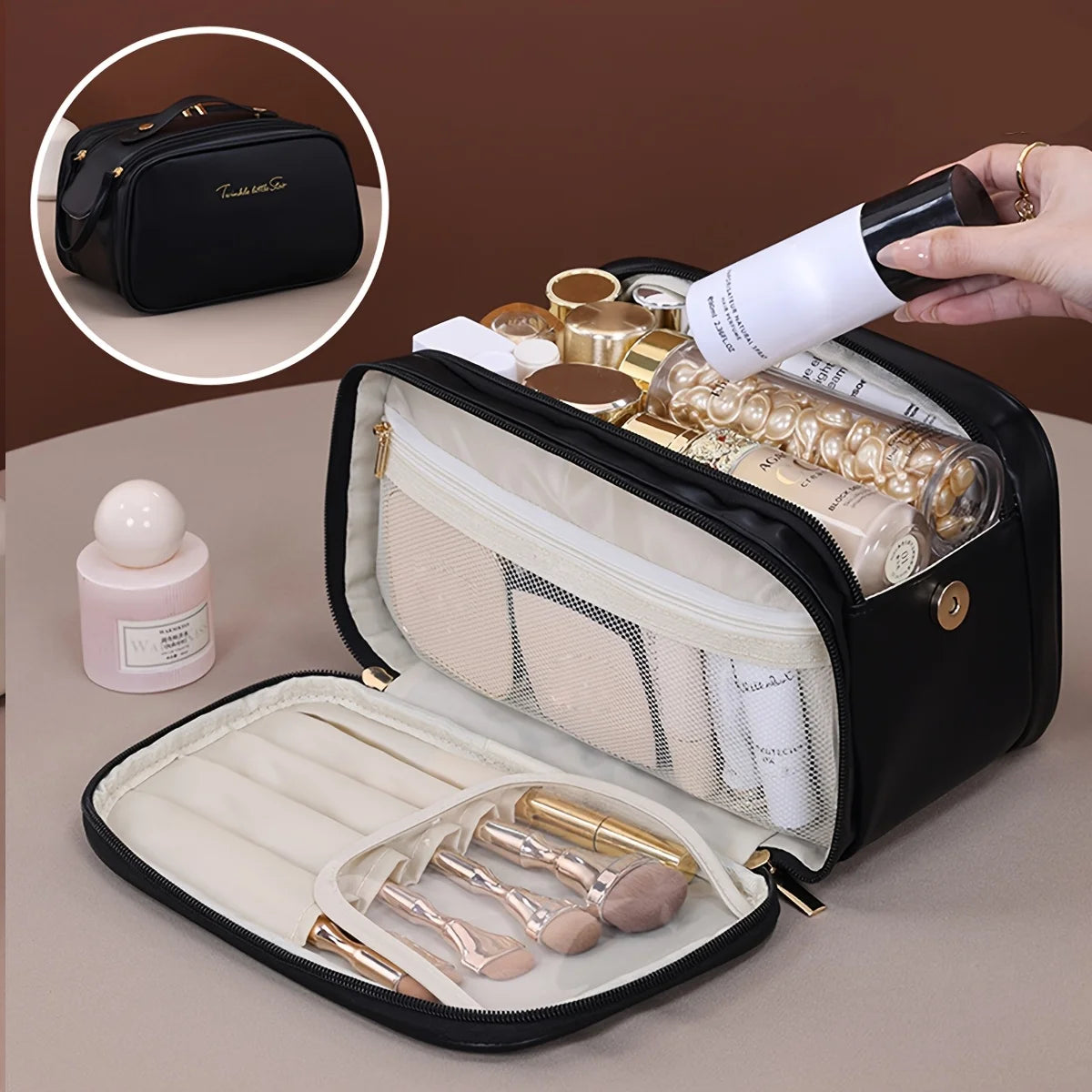Multifunctional Makeup Bag For Women PU Leather Large Capacity Portable Double Zipper Travel Makeup Brush Toiletries Storage Bag