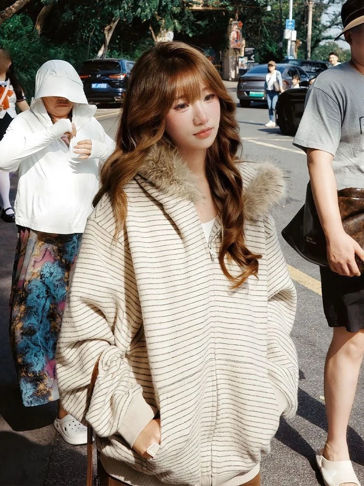 American Vintage Long Sleeve Hoodie Women Harajuku Casual Striped Sweatshirt Zipper Streetwear Faux Fur Sweet 2025 Autumn