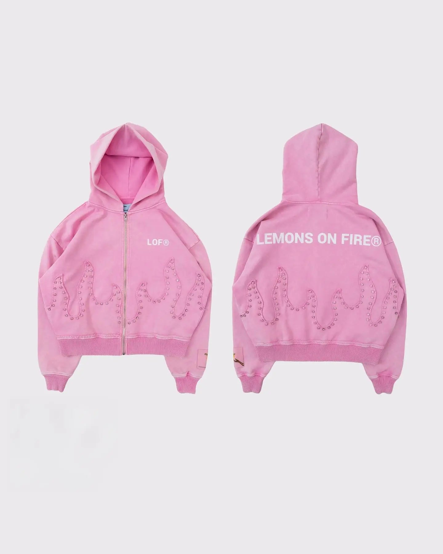 Harajuku Pink Flame Patchwork Zipper Hoodie Streetwear Oversized Hoodie Gothic Diamond Embroidery Sweatshirt Men Women Clothing