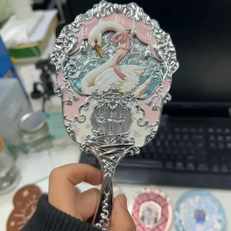 FLOWER KNOWS Swan Ballet Series Crystal Mirror Exquisite Textured Hand Mirror Blue Pink Ladies Makeup Tools