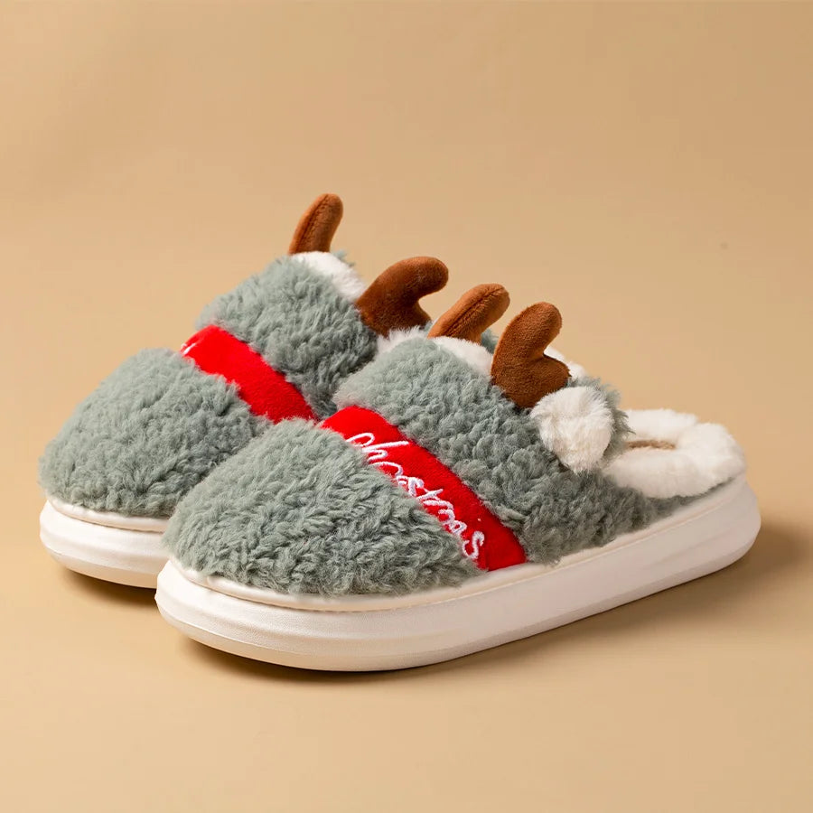 New 2025 Thick Sole Christmas Deer Slippers Women Men Indoor Warm Slipper Soft Plush Home Floor Lovers Winter Platform Shoes