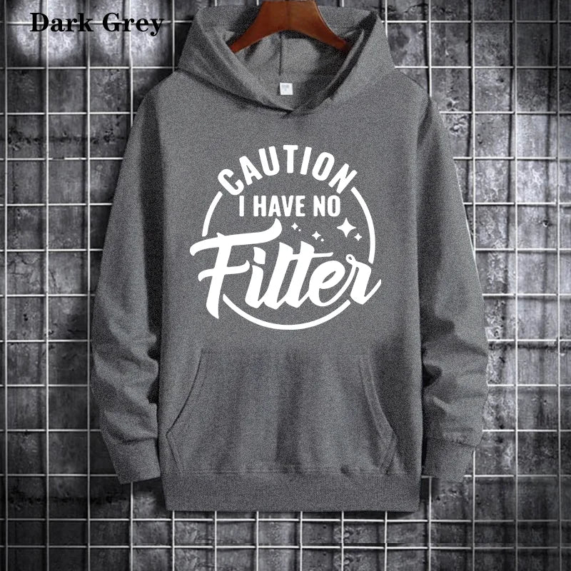 Caution I Have No Filtes Printed Hoodie, Women's Casual Pocket Pullover, Autumn/Winter Fleece Sweatshirt, Comfortable Hoodie
