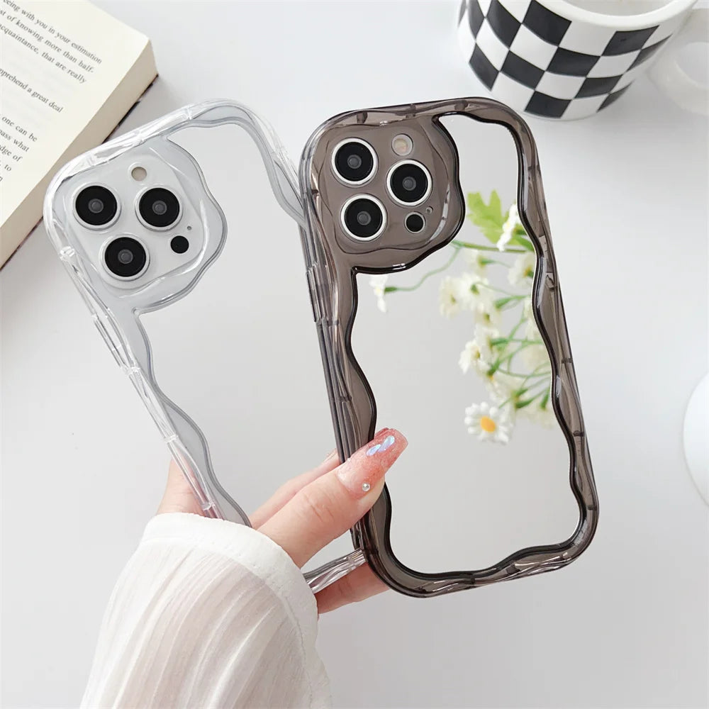 Luxury Curly Wave Makeup Mirror Case For iphone 15 14 Plus 11 12 13 Pro Max Mini XR XS Max 7 8Plus Clear Mirror Shockproof Cover