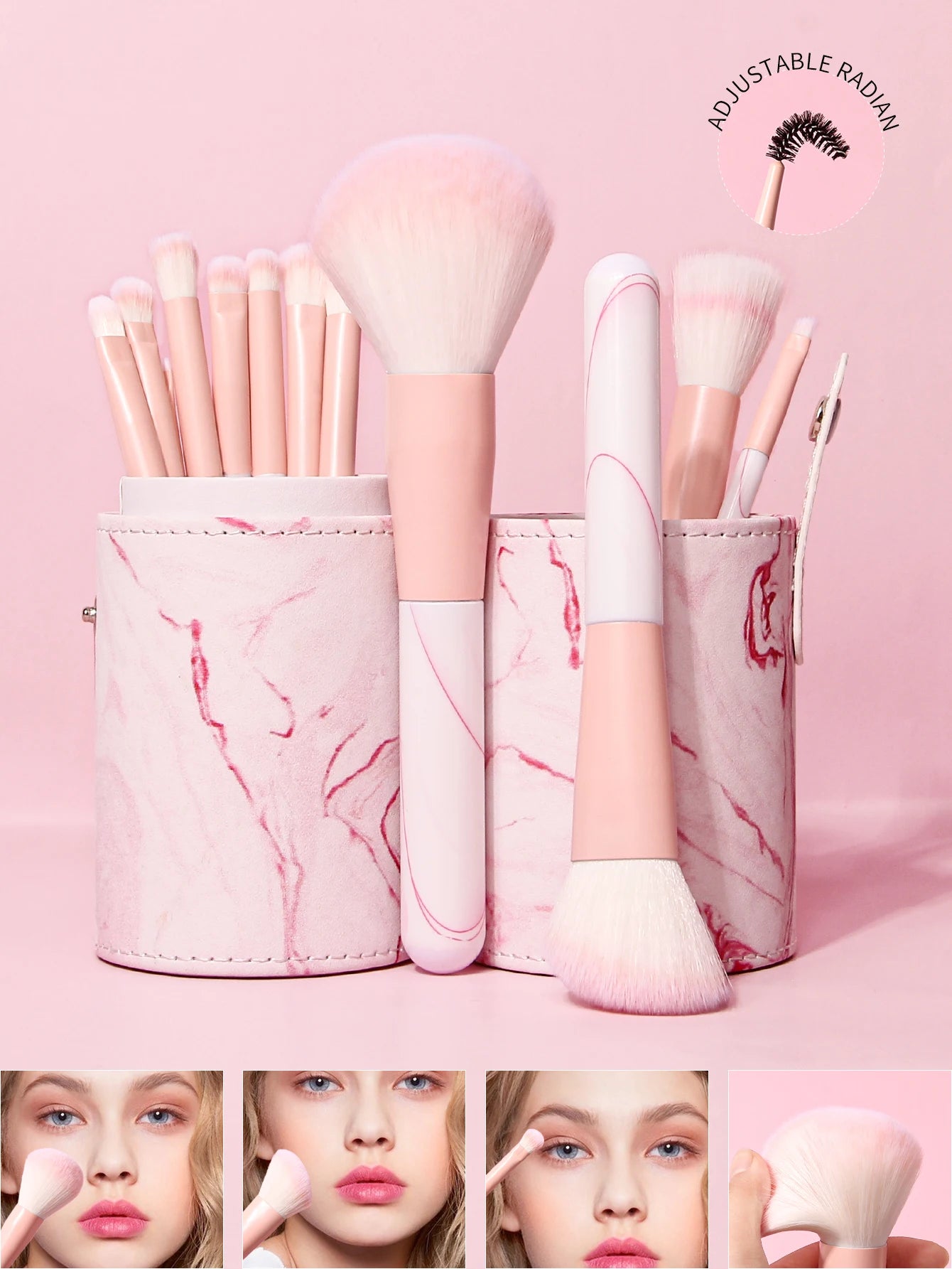 Multi-Function Cosmetic Brush Set, 12pcs Pink Fiber Makeup Brush Kit for Women with Makeup Brush Storage Bucket