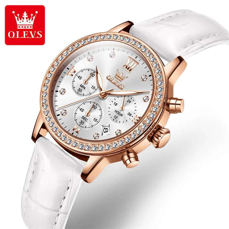 OLEVS Fashion Diamond Watches For Women Luxury Brand Rose Gold Case Ladies Quartz Watch White Leather Strap reloj para mujer