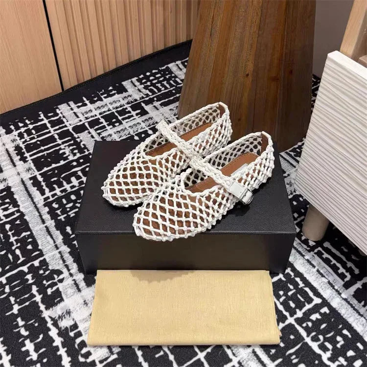 2025 Summer Ballet Shoes Women's Mary Jane Shoes Women's Flat Bottom Mesh Fishing Net Hollow Single Shoes Sandals
