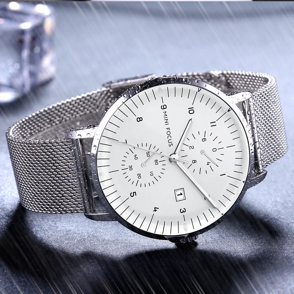 MINI FOCUS Luxury Waterproof Mens Watches Calendar Window Silver Business Quartz Watch Stainless Steel Strap Luminous Hands 0052