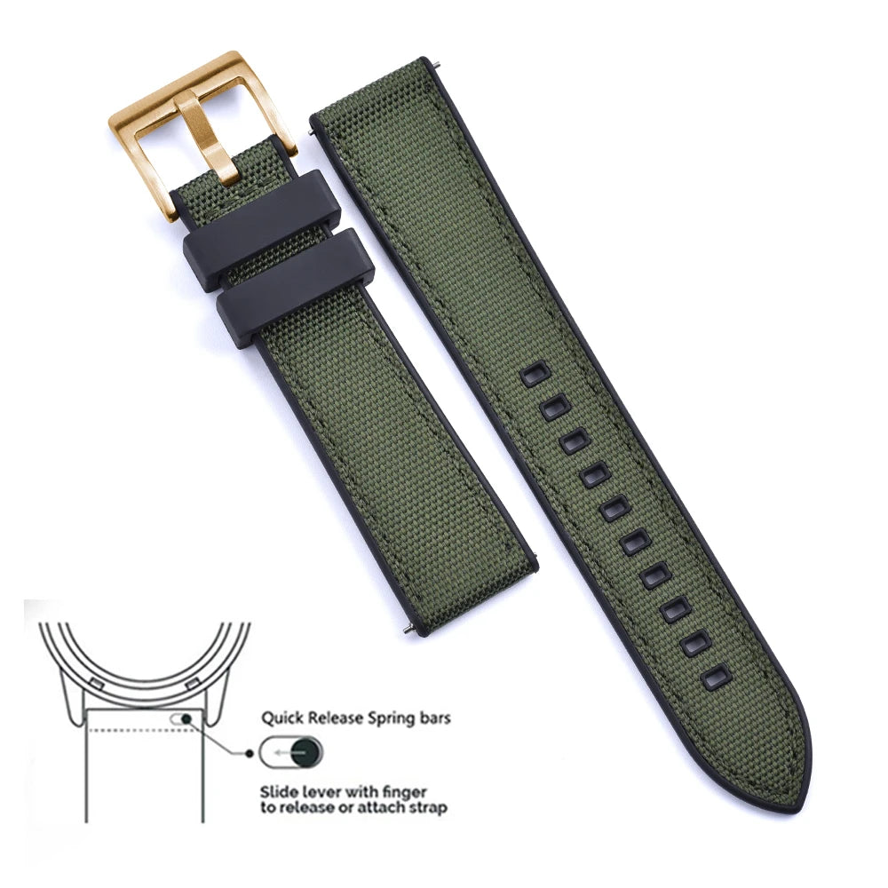 High Quality FKM Canvas Watch Strap 20mm 22mm Hybrid Fluoro Rubber Nylon Watchbands Quick Release For Each Brand Diving Watches
