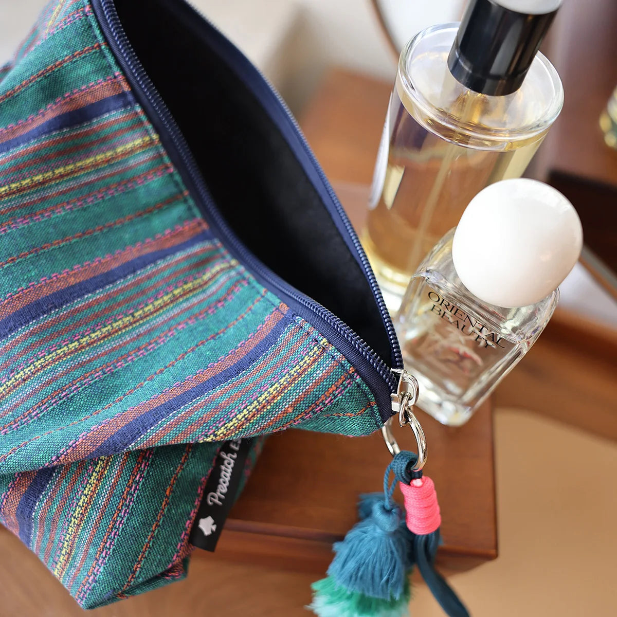 Colorful Striped Fringe Pendant Makeup Bag Ethnic-Style Women's Zipper Travel Portable Storage Pouch Inner Liner Bag Clutch
