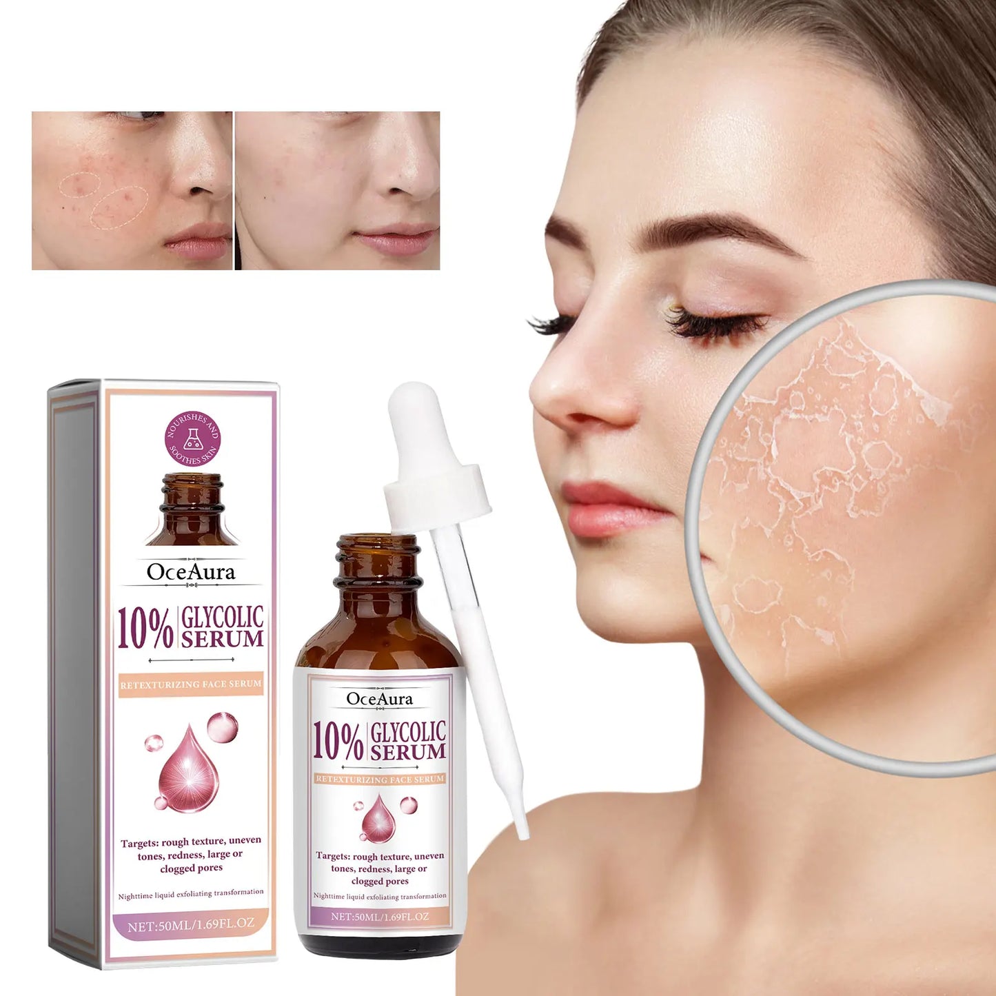 Face Serum Glycolic Acid 10% Toning Solution Fade Fine Lines Firming Improve Facial Dryness Redness Glycolic Acid Repair Essence