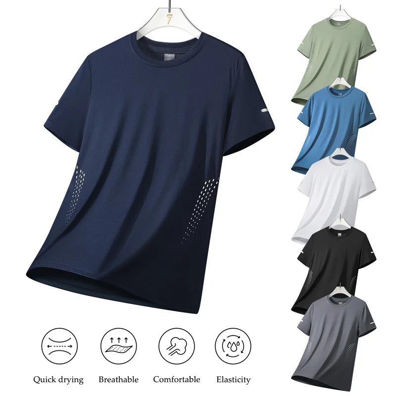 Summer Mesh Sports T-Shirt Men Quick-Drying Breathable Loose Ice Silk Short Sleeves Men Jogging Hiking Round Neck Sports T-shirt