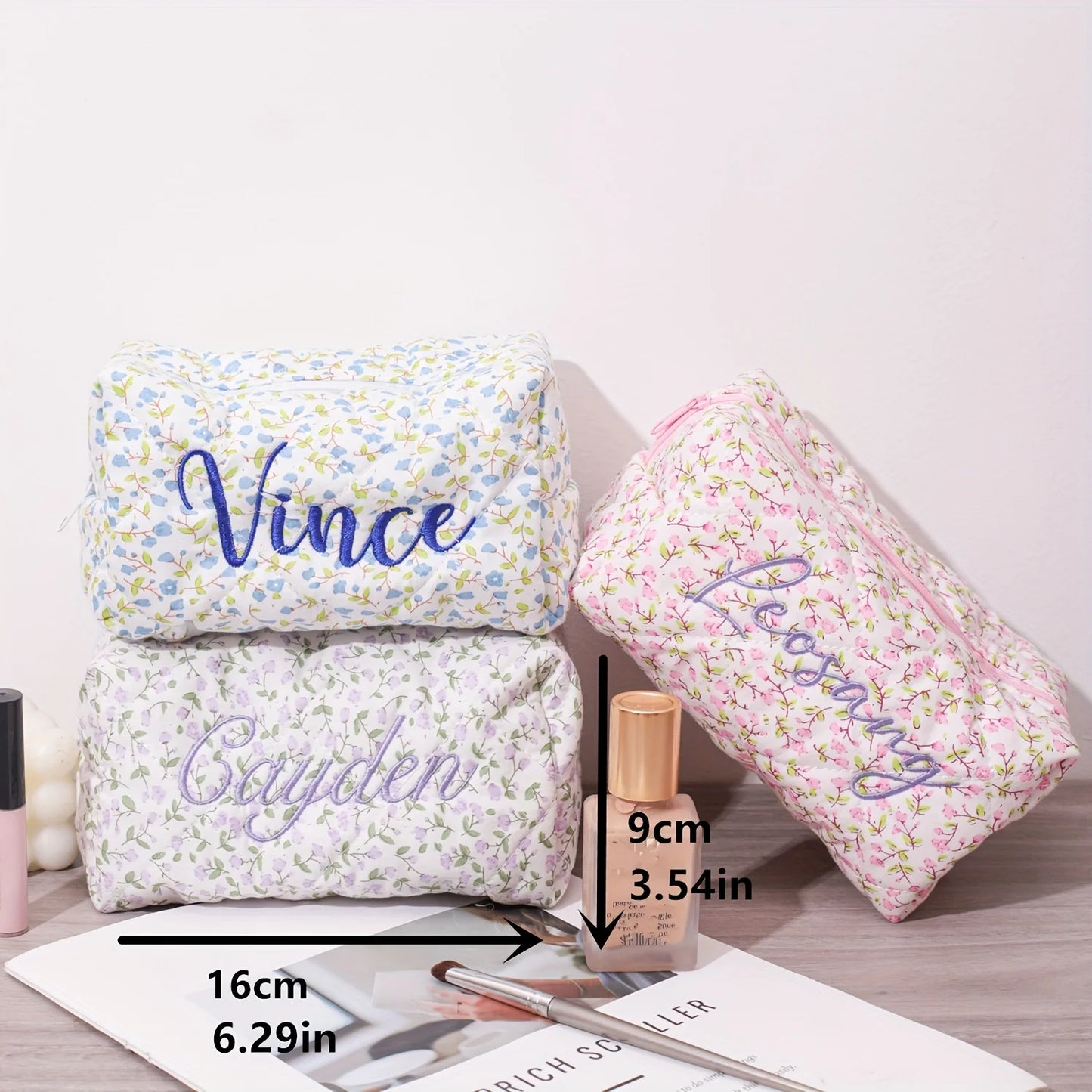Custom Name Floral Makeup Pouch Embroidered Featuring a Floral Design Wash Bag, Travel Cosmetic Bag Suitable for Bridesmaid Gift