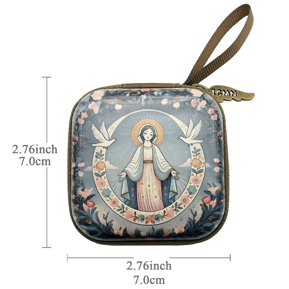 Portable Virgin Mary Prayer Rosary Storage Bag 7x7cm Zippered Religious Articles Cartoon Elegant Prayer Kit Devotees